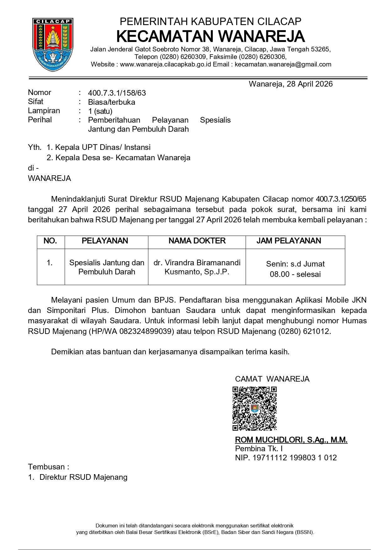 Pemberitahuan Pelayanan Spesialis Jantung dan Pembuluh Darah di RSUD MAJENANG Kabupaten Cilacap